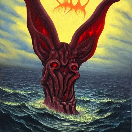 Prompt: moloch oil painting in the ocean of hell