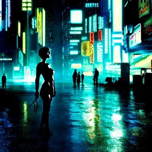 Image similar to jennifer connelly starring in a cyberpunk movie in a distopic futuristic city in the style of bladerunner, movie still, highly detailed, rainy night, volumetric lights, dramatic, scifi, sharp focus