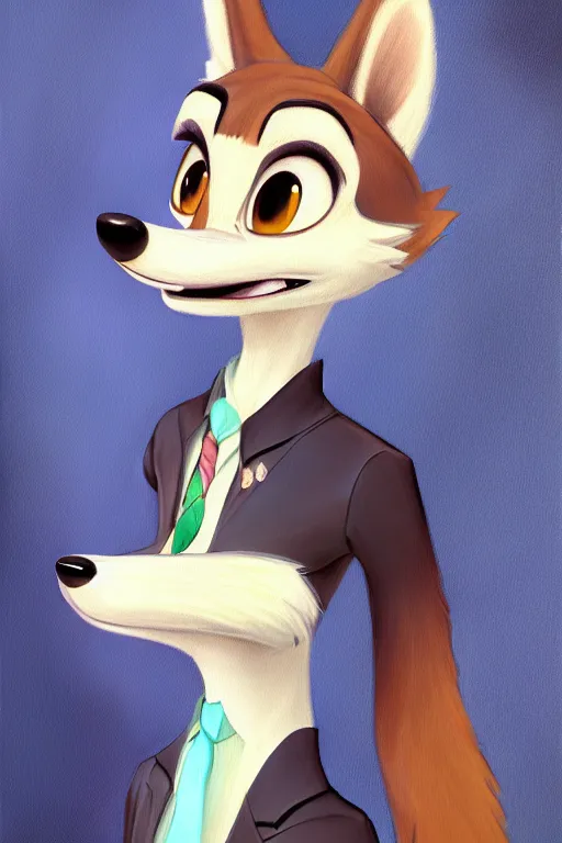 Image similar to oil painting of anthromorphic female wolf, in style of zootopia, female fursona, furry, furaffinity, 4 k, deviantart, furry art, fursona art, wearing black business suit, business suit, wolf fursona, female, smug expression,