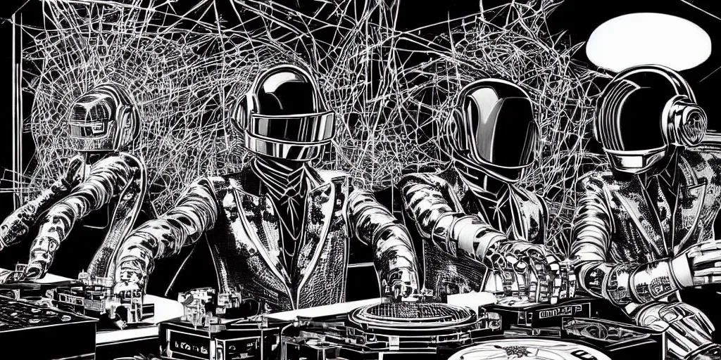 Image similar to intricate detailed artwork of 2 Daft Punk robot rock using dj controller at an underground warehouse rave in Ibiza, playing techno house music, thousands of beautiful girls in bikini dancing, in the style of Moebius, wires, speakers, black and white ink, some ink drips