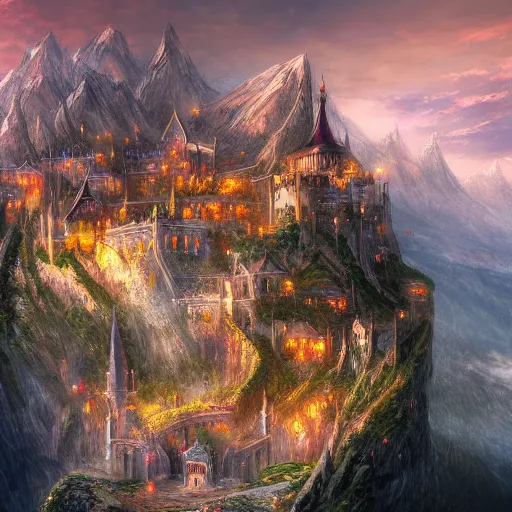 Image similar to very beautiful secret city of the elves gondolin on top of a mountain, highly detailed, digital painting, artstation, matte, sharp focus, impressionnisme, vivid color,