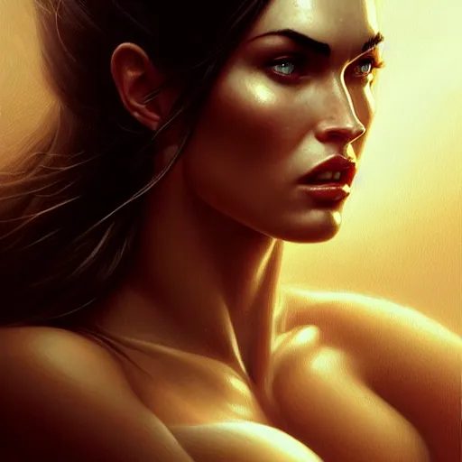 Image similar to portrait of megan fox, muscular upper body, fantasy, intricate, elegant, highly detailed, digital painting, artstation, concept art, matte, sharp focus, illustration, art by aenaluck and roberto ferri and greg rutkowski, epic fantasy, digital painting