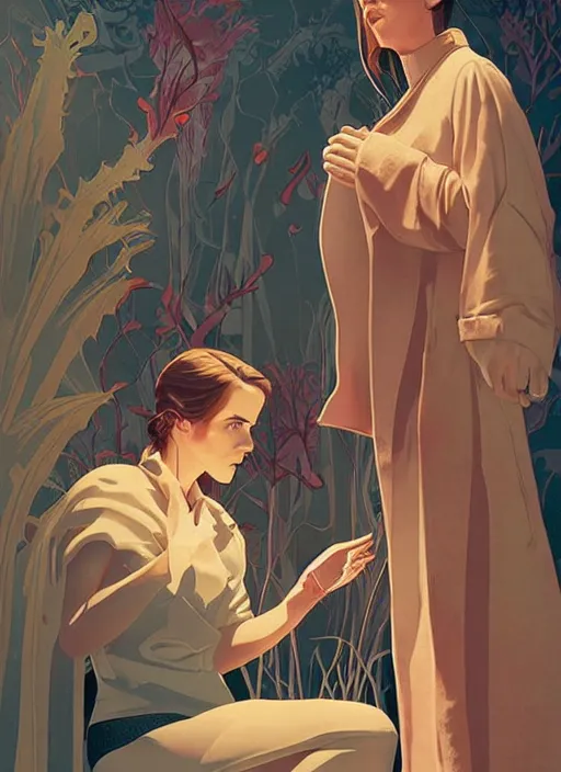 Image similar to poster artwork by Michael Whelan and Tomer Hanuka, Karol Bak of Emma Watson nun, realizing she has feelings for scientist Kiernan Shipka, from scene from Twin Peaks, clean