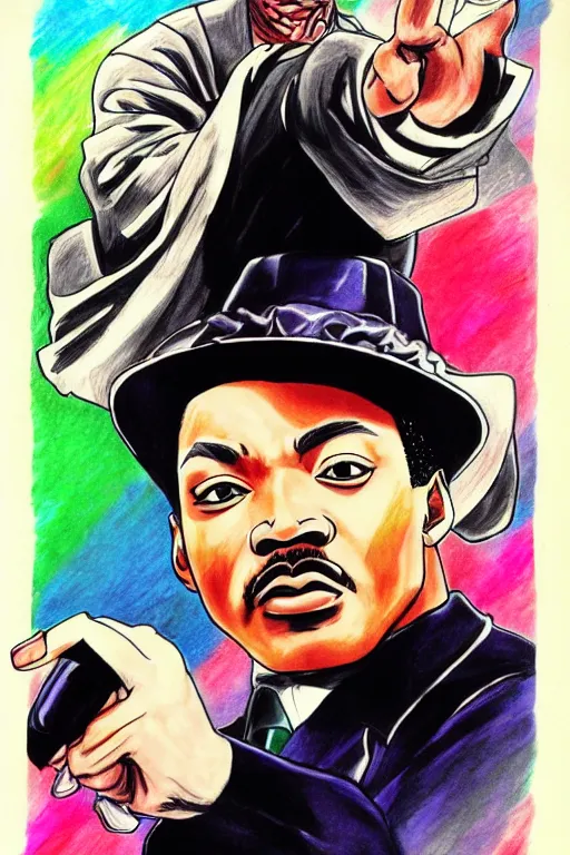 Prompt: Martin Luther King as Jotaro Kujo JoJo from JoJo\'s Bizarre Adventure, anime drawing by Hirohiko Araki, vivid colors, colorful fashion