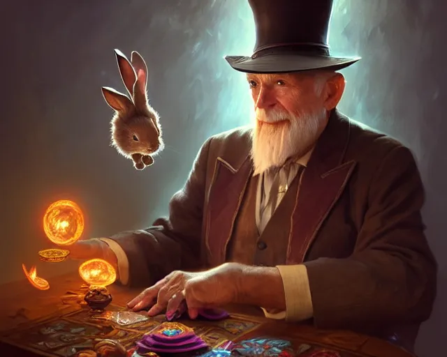 Image similar to an old man magician pulling a rabbit out his hat, deep focus, d & d, fantasy, intricate, elegant, highly detailed, digital painting, artstation, concept art, matte, sharp focus, illustration, hearthstone, art by artgerm and greg rutkowski and alphonse mucha