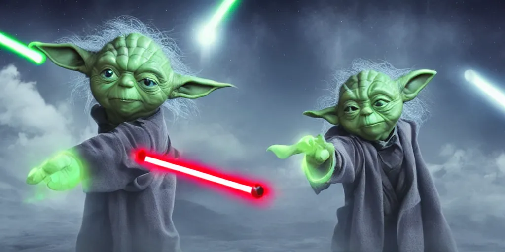 Prompt: Yoda handing Einstein a red lightsaber in a spaceship, digital art, 4K, striking lighting