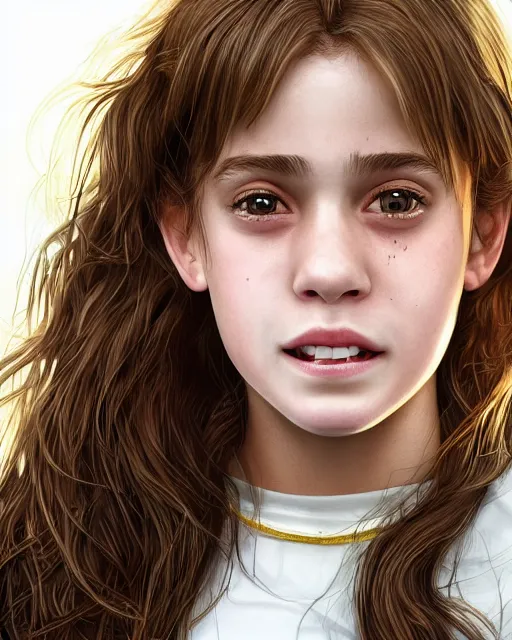 Image similar to close up portrait of 1 5 - year - old girl, smile with large front teeth, hermione granger, very bushy brown hair, and very bright brown eyes, wearing white shirt, hyper realistic face, beautiful eyes, character art, art by mark brooks, hyperdetailed, cryengine, trending on artstation, digital art