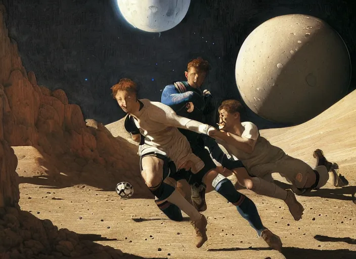 Image similar to a soccer match on the moon by edgar maxence and caravaggio and michael whelan and delacroix style, artistic, intricate painting, cinematic lighting, hyper realistic, extremely detailed, establishing shot, 8 k resolution, dramatic lighting