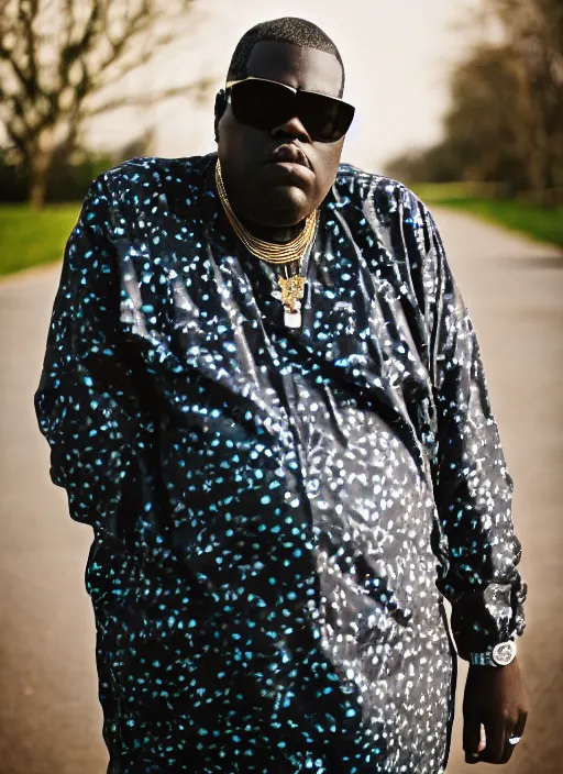 Image similar to DSLR photo portrait still of 50 year old age 50 Notorious BIG at age 50!!!, 85mm f1.8