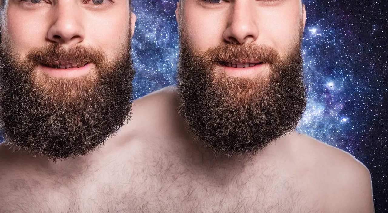 Prompt: Close up smiling handsome man with glowing galaxy eyeballs and majestic beard, professional studio photography, depth of field, intricate details, photorealistic, high quality