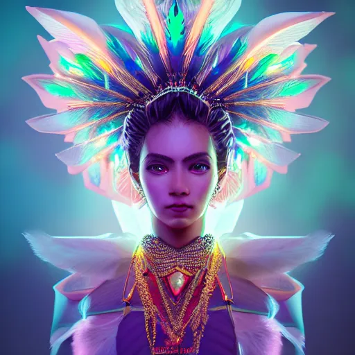 Image similar to portrait highly detailed beautiful symmetrical face high priestess intricate elegant detailed crystal jewellery with tribal feathers, lush colourful volumetric lighting, anime digital painting, concept art, smooth, sharp focus 3 d, divine realm of gods, realistic cinematic style, octane render, photographic, unreal engine 8 k