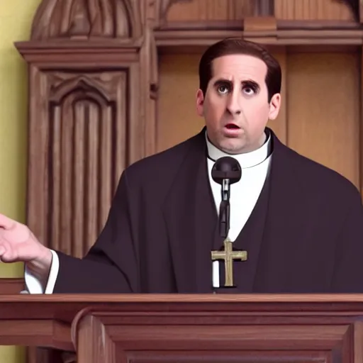 Image similar to Michael Scott as a Catholic priest giving a sermon at the pulpit