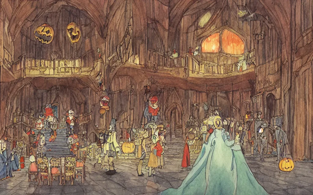 Prompt: interior, a large hall in the castle decorated for halloween drawn by hayao miyazaki, watercolor illustration for a book