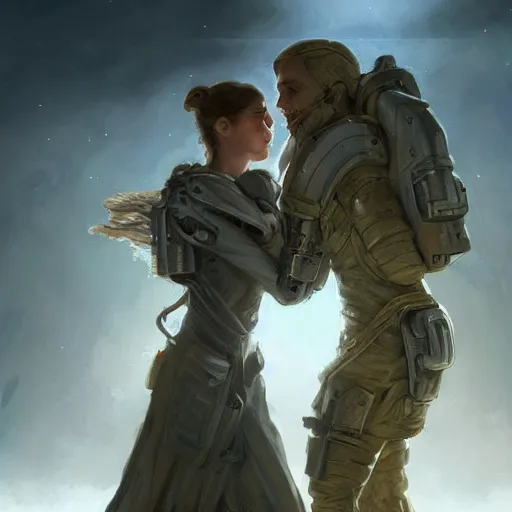 Image similar to epic portrait an space soldier hugging an female medic soldier, battlefield, explosions, cloudy, digital painting, artstation, concept art, soft light, hdri, smooth, sharp focus, illustration, fantasy, intricate, elegant, highly detailed, D&D, matte painting, in the style of Greg Rutkowski and Alphonse Mucha and artemisia, 8k, highly detailed, jurgens, rutkowski, bouguereau, pastoral, rustic, georgic, detailed concept art, illustration, colorful pastel, painting, detail, ultra detailed, digital art, 4K,