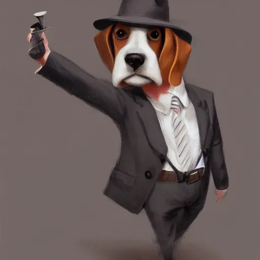 Prompt: a beagle wearing a business suit and fedora, greg rutkowski