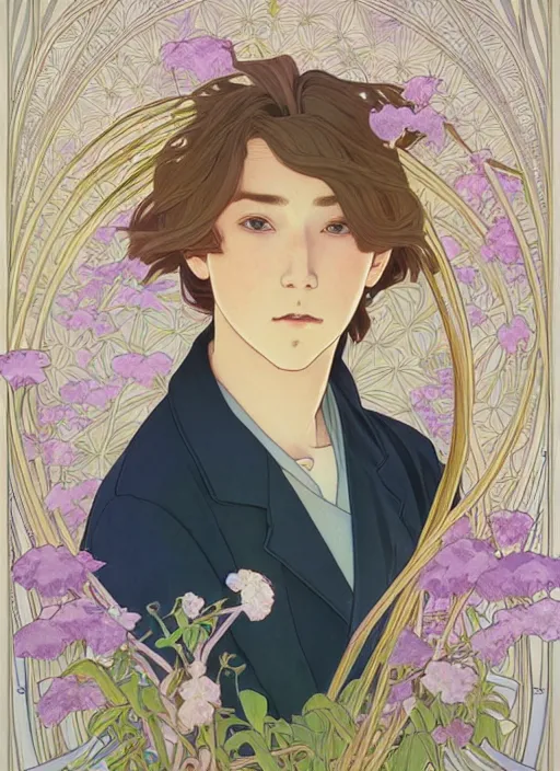 Prompt: pretty young man with shoulder length blond hair, half body shot, path traced, highly detailed, high quality, digital painting, by studio ghibli and alphonse mucha, leesha hannigan, hidari, disney, art nouveau, chiho aoshima