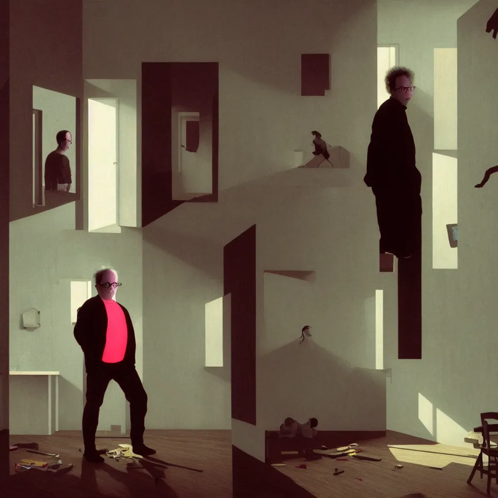 Image similar to weird and disturbing portrait of todd solondz standing alone in an empty appartment, vivid colors, neon, art by gregory crewdson and francis bacon and artgerm and wlop and william - adolphe bouguereau