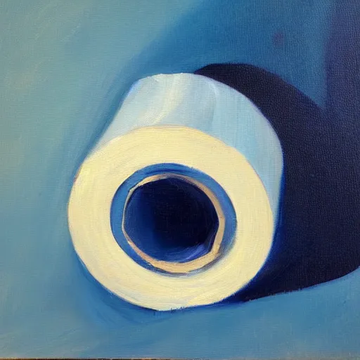 Prompt: a painting of a roll of toilet paper against a dark blue background, impressionist painting