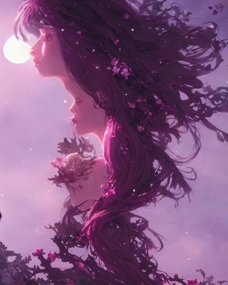 Prompt: a highly detailed image of A beautiful woman basking in the moonlight, with medium length magenta hair, and tall tree, and large obsidian crystals, cinematic lighting, dramatic atmosphere, by Dustin Nguyen, Akihiko Yoshida, Greg Tocchini, Greg Rutkowski, Cliff Chiang, 4k resolution, trending on artstation