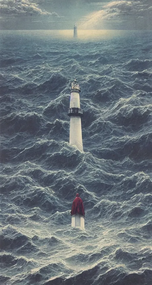 Prompt: worshippers in robes belonging to the cult of the lighthouse standing in waves, a lighthouse, high detailed Beksinski painting, part by Adrian Ghenie and Gerhard Richter. art by Takato Yamamoto. masterpiece, deep colours, blue