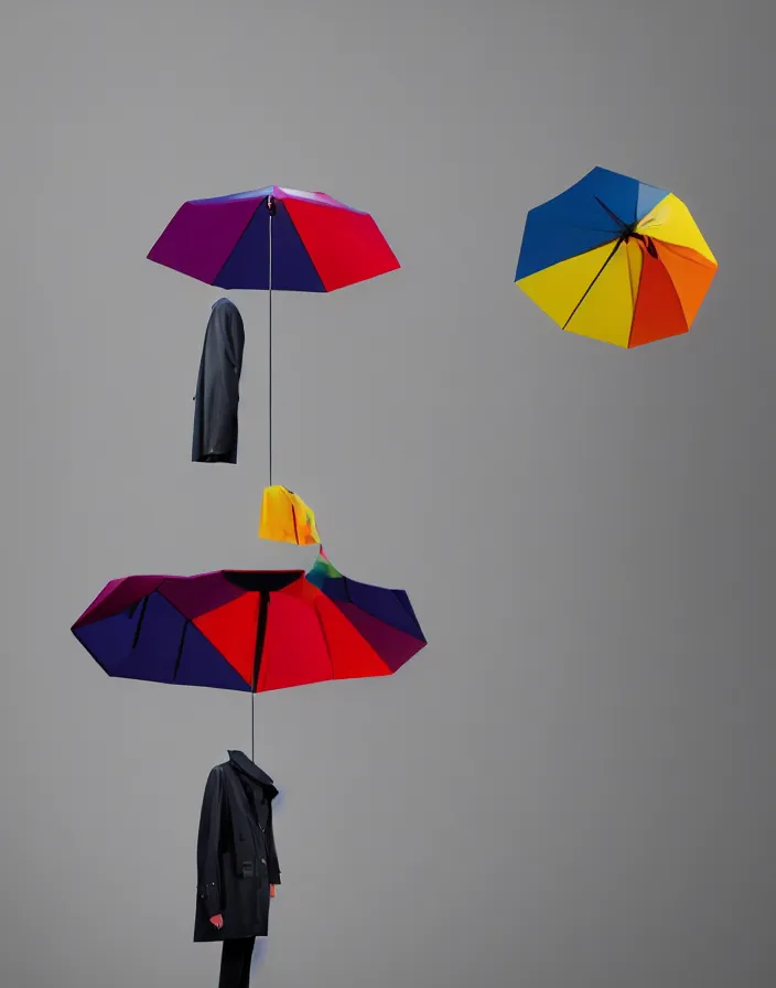 Prompt: close - up portrait of an empty slick fashionable zara raincoat floating suspended mid - air on a rainy display designed by james terrell, wes anderson, okuda, symmetry, rule of thirds