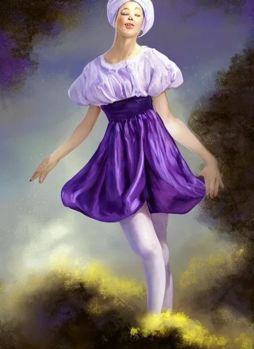 Prompt: A painting of a beautiful and mysterious young girl with short blond hair wearing an oversized purple Beret, Baggy Purple overall shorts, Short Puffy pants made of silk, silk shoes, a big billowy scarf, Golden Ribbon, and white leggings Covered in stars. Short Hair. Sunlit. Haute Couture. Dreamlike. Cloudscape. Fantasy Illustration. Art by william-adolphe bouguereau and Alexandre Cabanel and Anna Dittmann and WLOP and Artgerm and Johannes Helgeson. Smooth. Elegant. Highly Detailed. Intricate. 4K. UHD. Denoise.