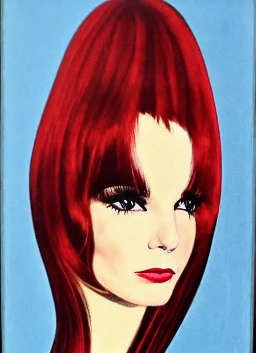 Image similar to portrait 1 9 6 0 s beautiful mod girl, long straight 6 0 s hair with bangs, wearing velvet, vampire, glam, groovy, by brom