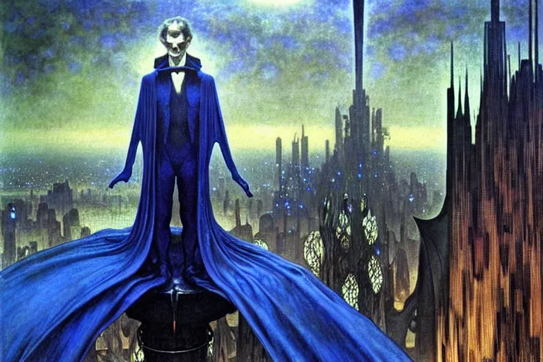 Image similar to realistic extremely detailed portrait painting of an elegantly creepy vampire man in a cape, futuristic sci-fi city on background by Jean Delville, Amano, Yves Tanguy, Alphonse Mucha, Ernst Haeckel, Edward Robert Hughes, Roger Dean, rich moody colours, blue eyes