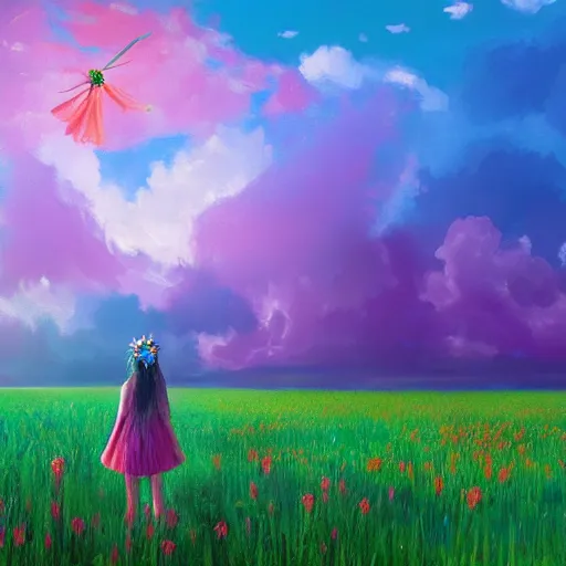 Image similar to large flower head, girl floating in a flower field, surreal photography, sunrise dramatic light, impressionist painting, colorful clouds, digital painting, artstation, simon stalenhag