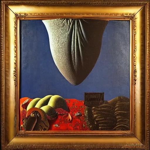 Image similar to 🐶🍐🌜🧨, intricate details, oil on canvas, highly detailed, surreal, by max ernst, rene magritte