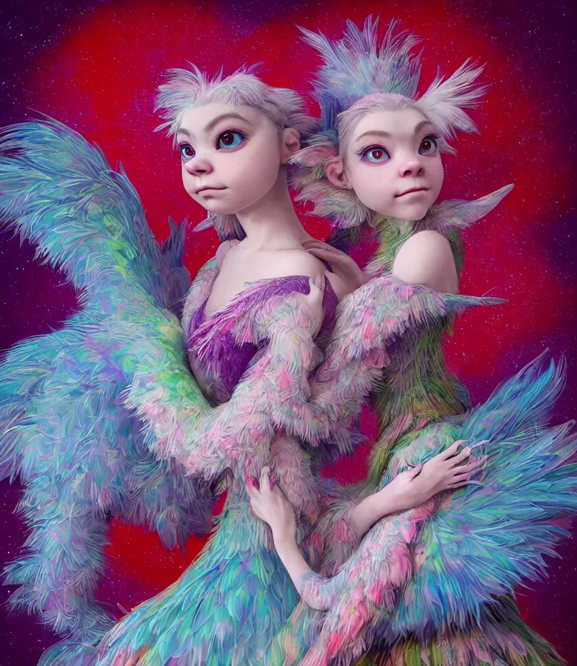 Image similar to hyper detailed 3d render like a Oil painting - kawaii portrait of two Aurora (a beautiful girl skeksis muppet fae princess protective playful expressive acrobatic from dark crystal that looks like Anya Taylor-Joy) seen red carpet photoshoot in UVIVF posing in feather dress to Eat of the Strangling network of yellowcake aerochrome and milky Fruit and His delicate Hands hold of gossamer polyp blossoms bring iridescent fungal flowers whose spores black the foolish stars by Jacek Yerka, Ilya Kuvshinov, Mariusz Lewandowski, Houdini algorithmic generative render, golen ratio, Abstract brush strokes, Masterpiece, Edward Hopper and James Gilleard, Zdzislaw Beksinski, Mark Ryden, Wolfgang Lettl, hints of Yayoi Kasuma and Dr. Seuss, octane render, 8k