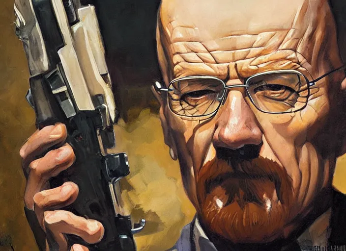 Image similar to a highly detailed beautiful portrait of walter white with a gun, by gregory manchess, james gurney, james jean