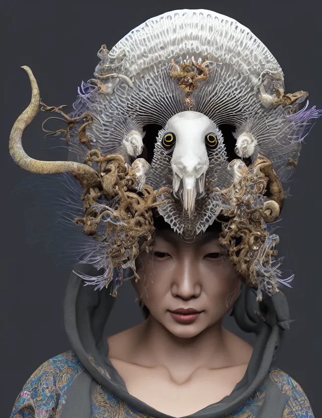 Image similar to 3 d goddess close - up profile portrait of cultist monk in hooded robe with ram skull. beautiful intricately detailed japanese crow kitsune mask and clasical japanese kimono. betta fish, jellyfish phoenix, bio luminescent, plasma, ice, water, wind, creature, artwork by tooth wu and wlop and beeple and greg rutkowski