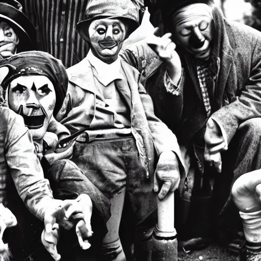 Prompt: the great depression with clowns, black and white photo