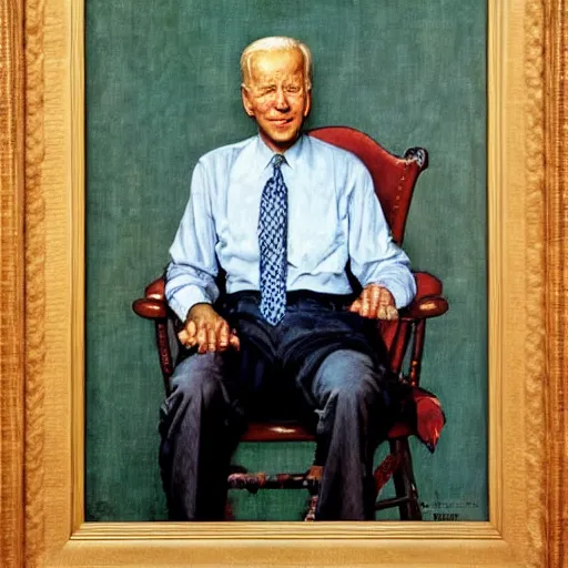 Prompt: a portrait painting by Norman Rockwell of Joe Biden sitting in a chair. Cozy fire. hands on arm rests. Legs apart