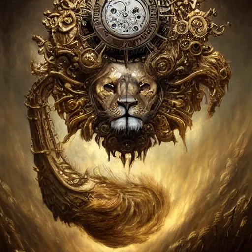 Image similar to a beautiful detailed 3 d matte portrait of a clockwork lion, by ellen jewett, by tomasz alen kopera, by justin gerard, ominous, magical realism, texture, intricate, skull, skeleton, gold coins, money, whirling smoke, alchemist bottles, radiant colors, fantasy, volumetric lighting, high details