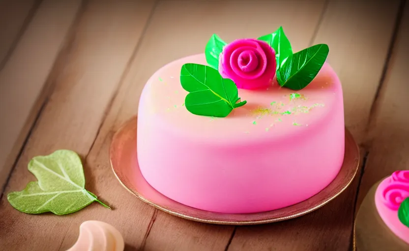 Image similar to A photo of a swedish princess cake from the side on a wooden table, covered with pink marzipan, some powder sugar and a green marzipan leaf in the center. Sunset. 4K. Cinematic lighting. High detail. Realistic. Delicious.