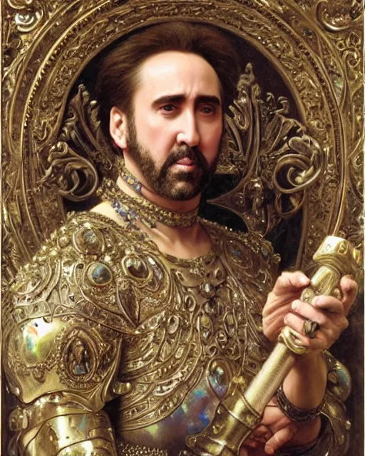 Prompt: Nicolas Cage, dressed in ornate, detailed, intricate iridescent opal armor, detailed oil painting by William Adolphe Bouguereau and Donato Giancola
