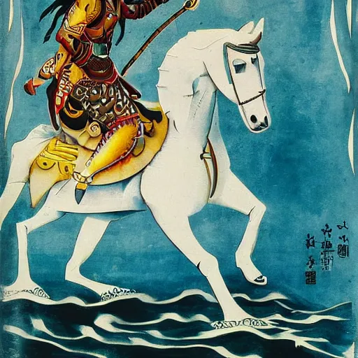 Prompt: a exotic metro pollynsdian warrior riding horse through a river, painted by jorgihno gisbana and takashi tokyo, style of ultra capitalism surrealism, surrealist artwork, ancho socialist styling