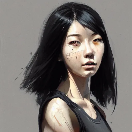 Prompt: portrait of a cyborg by greg rutkowski, she is about 3 0 years old, korean, pale, black bob hair, she is wearing a black tank top, highly detailed portrait, digital painting, artstation, concept art, smooth, sharp foccus ilustration, artstation hq