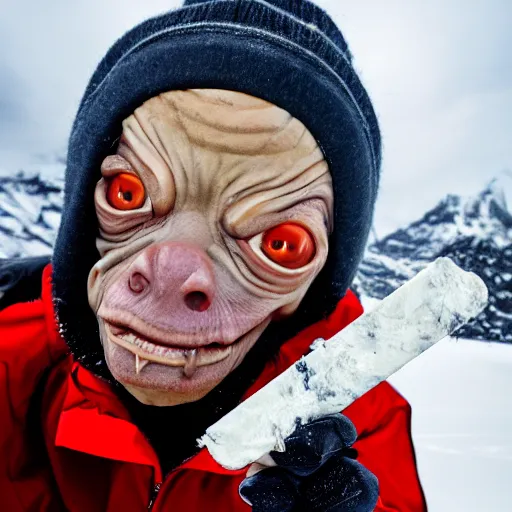 Prompt: Gollum on snowboard with cigarette in mouth