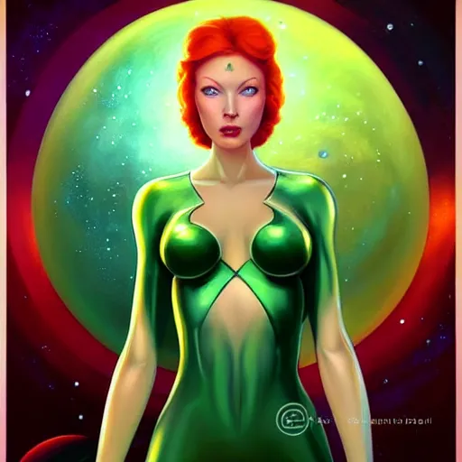 Image similar to Redhead Pleiadian alien human beautiful hybrid feminine woman, with stunning green eyes, cute symmetrical round face and a roundish nose, as a retro futuristic heroine, gorgeous digital painting, artstation, concept art, smooth, sharp focus, illustration, art by artgerm and donato giancola and Joseph Christian Leyendecker, Ross Tran, WLOP