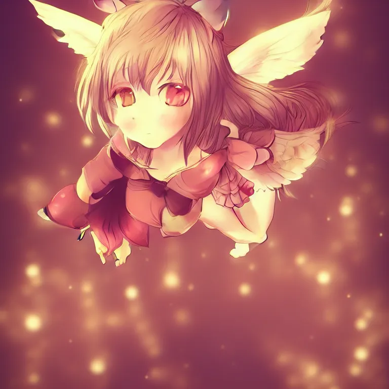 Image similar to cute, full body, female, anime style, a cat girl with fairy wings, large eyes, beautiful lighting, sharp focus, simple background, creative, heart effects, filters applied, illustration