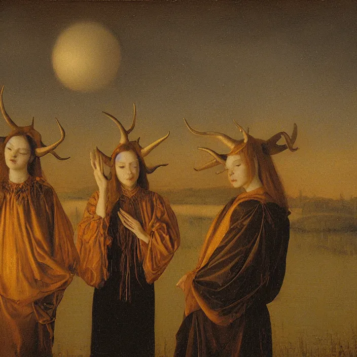 Prompt: a closeup portrait of a three - headed horned women, floating in huge levitating luminescent orb, in a foggy pond, golden hour, by jan van eyck