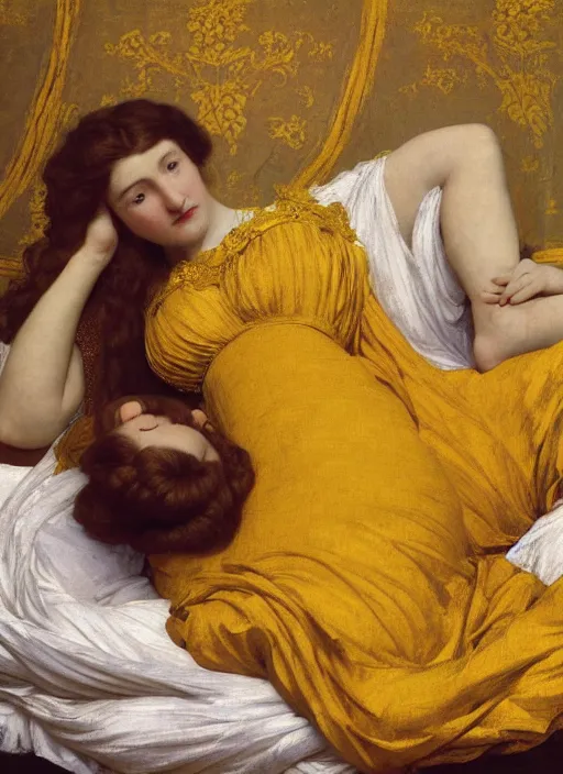 Image similar to masterpiece portrait of lady reclining on bed wearing yellow ochre ornate medieval dress, vertical, foreshortening, colour photography by frederic leighton, william morris, 8 k