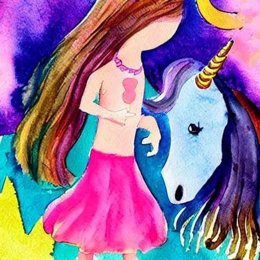 Image similar to girl and unicorn, illustration, cute watercolor children book colorful