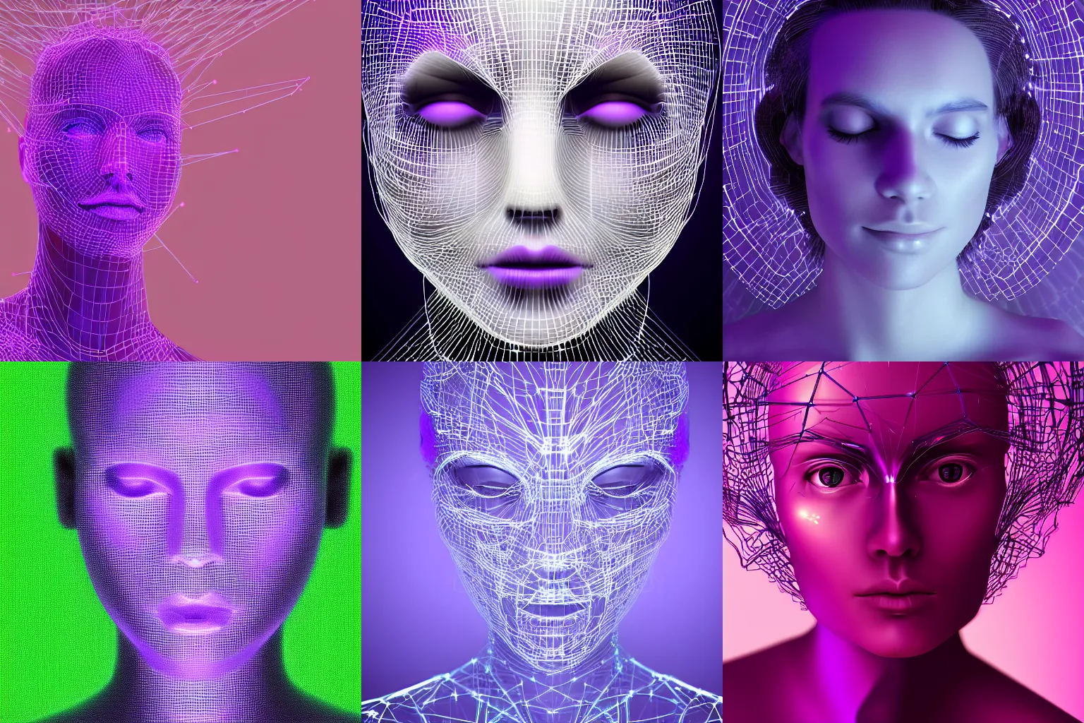 Prompt: closeup portrait of an ethereal person made of purple light, divine, cyberspace, mysterious, wireframe concept art