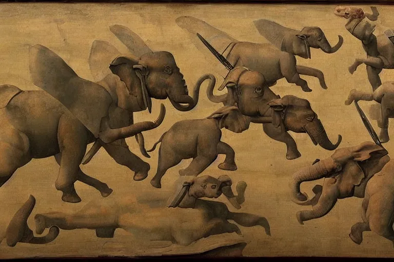 Image similar to “a Hellenistic painting of Lockheed Martin designed war elephants with missiles strapped to them, virtuoso, masterpiece, 8k, Michelangelo”