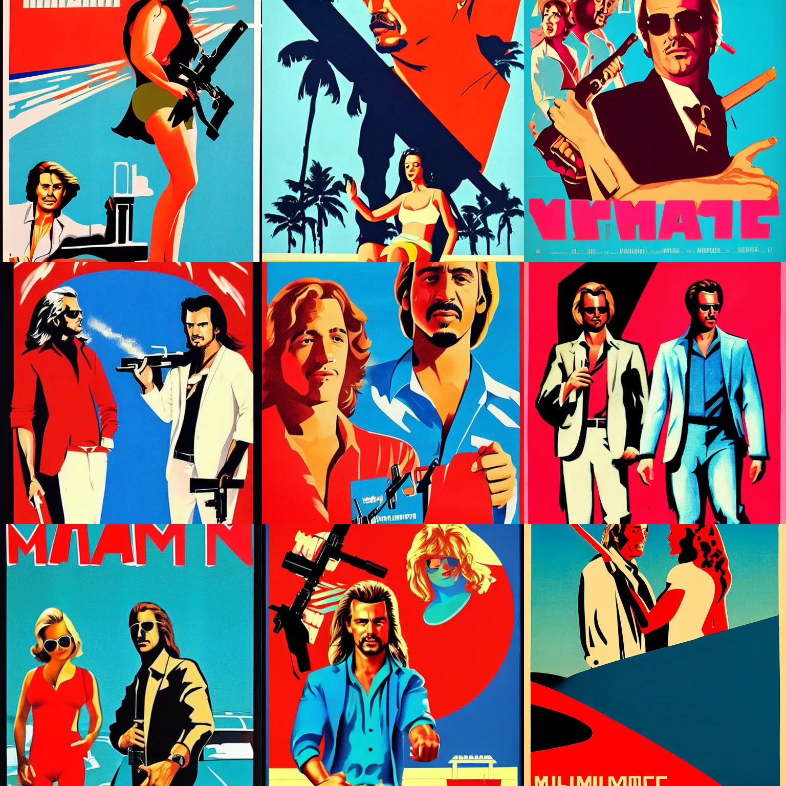 Prompt: miami vice, film, soviet propaganda poster, 1 9 7 0 s