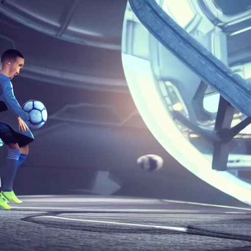 Image similar to Drake playing soccer on a spaceship. Hyper detailed, 8k, photography, realistic, octane render, unreal engine, ray traced